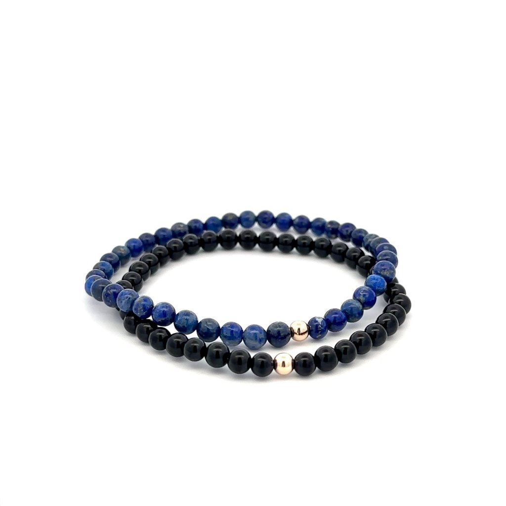 Onyx & Lapis Lazuli Gemstone Stretch Bracelet With 14k Gold Accent Bead Handmade
